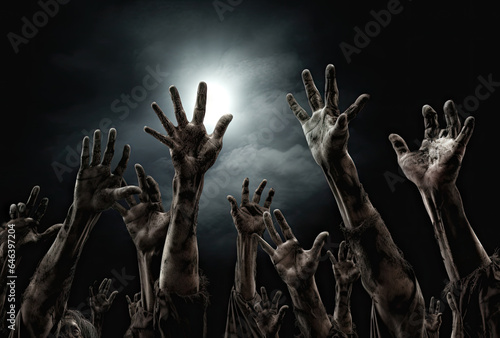 Scary zombie raising rotten hand for receive moonlight in Halloween night background. Flesh eater resurrection in the darkness. Smoke fog and mist scene