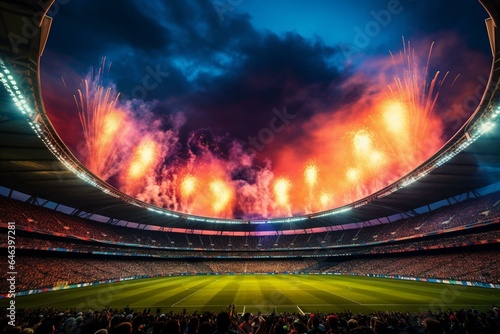 Thrilling  electrifying match  vibrant stadium lights and enthusiastic spectators. Generative AI