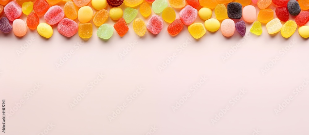 Candied fruits of various colors set against a isolated pastel background Copy space