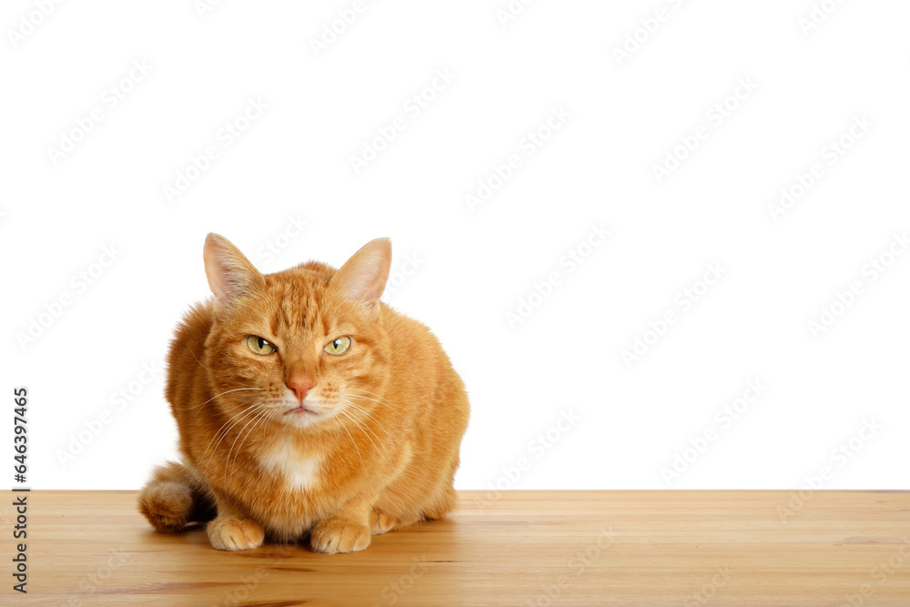 Unhappy discontented ginger cat sitting on wooden floor and looking at camera isolated on white background. Pets at home. Copy space.