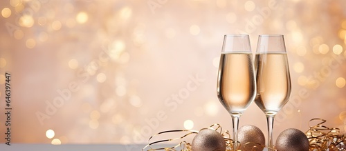 Celebrating New Year Christmas with Champagne glasses in festive decor isolated pastel background Copy space