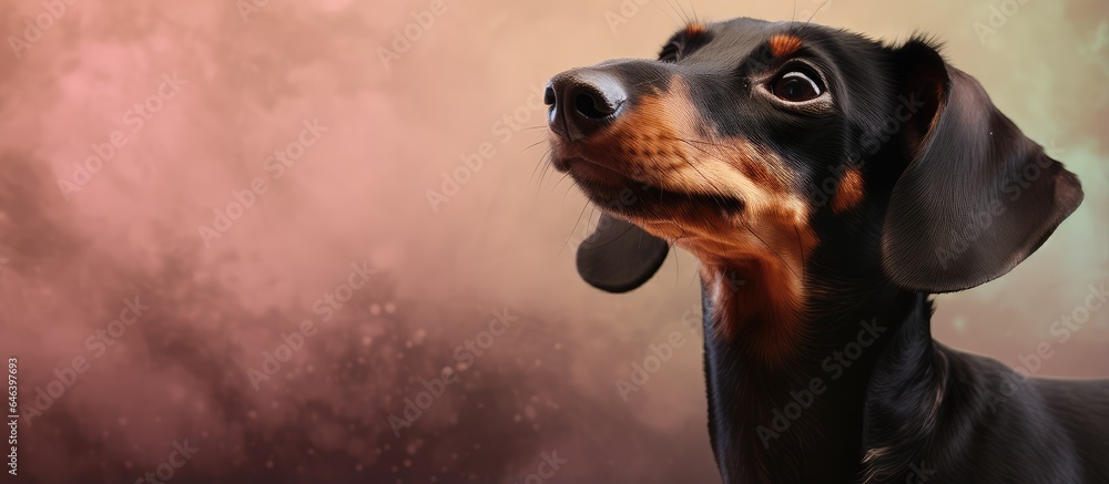 Belgium dwelling teckel dog portrait isolated pastel background Copy space