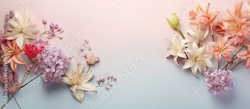 Colorful flowers on a isolated pastel background Copy space Spring themed design for cards or invitations