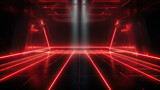 A dynamic neon background throbs, projecting mesmerizing red laser beams and radiant streaks. An unoccupied stage mirrors this electrifying display