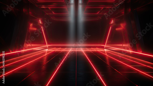 A dynamic neon background throbs, projecting mesmerizing red laser beams and radiant streaks. An unoccupied stage mirrors this electrifying display