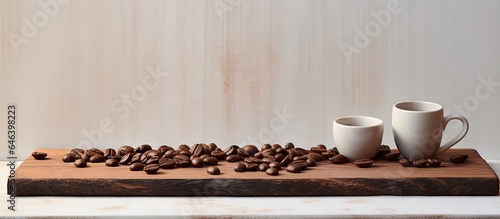 coffee beans and inspirational stones on a black cutting board isolated pastel background Copy space