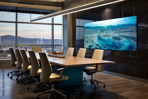 a large meeting area, with a spacious table, seating, a wall-mounted display, and a scenic urban landscape visible through the window. Generative AI