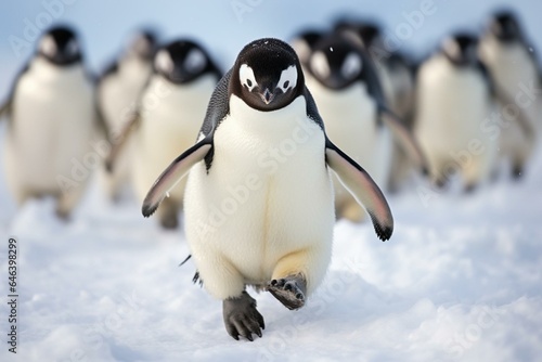 Group of penguins striding across snowy terrain. Generative AI