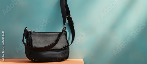 Black leather sling bag on a isolated pastel background Copy space