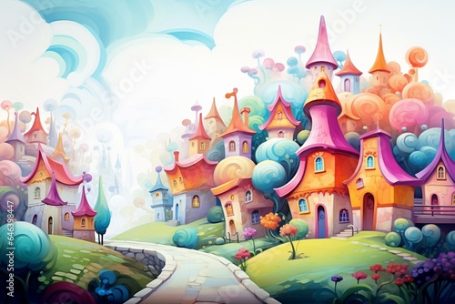 Vivid artwork of charming dream village, digitally crafted and vibrant, set against a white background. Generative AI