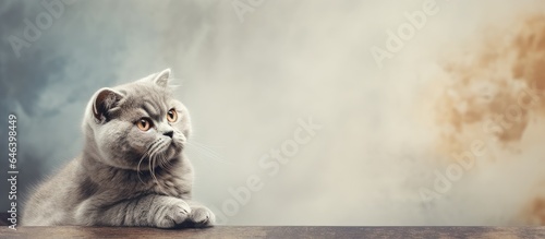 Attractive Scottishfold cat very close up portrait at home isolated pastel background Copy space photo