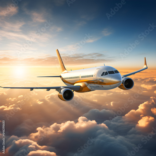 Passengers commercial airplane flying above clouds in sunset light. Concept of fast travel  holidays and business.