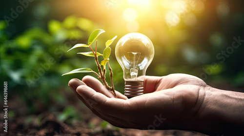 On Earth Day, we see a caring hand holding a radiant light bulb within rich soil, bathed in sunlight—a symbol of nature's energy-efficient support