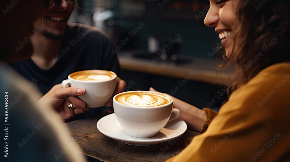 Friends unite at a warm cafe, enjoying laughter, relishing coffee, and sharing life's moments Friends unite at a warm cafe, enjoying laughter, relishing coffee, and sharing life's moments