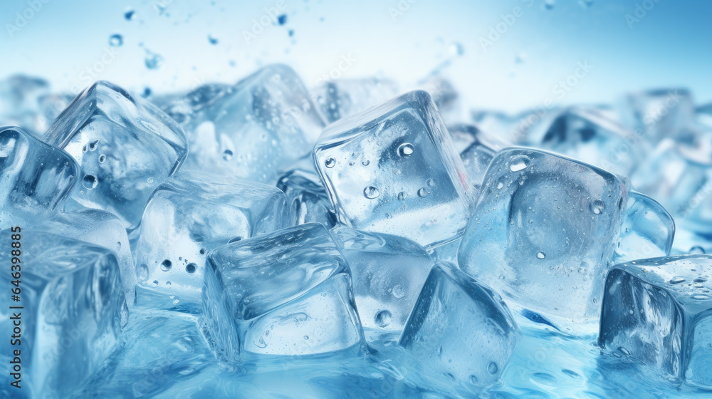 Crystal ice cubes gracefully twirl amidst azure liquid, crafting a captivating frozen ballet amidst aquatic splendor
