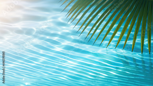 Palm leaves cast playful shadows on the clear turquoise waters, embraced by the sun's gleaming reflections, exuding the purest essence of summertime