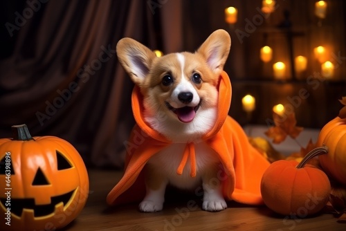 Funny corgi dog in a Halloween costume in a house decorated with pumpkins.