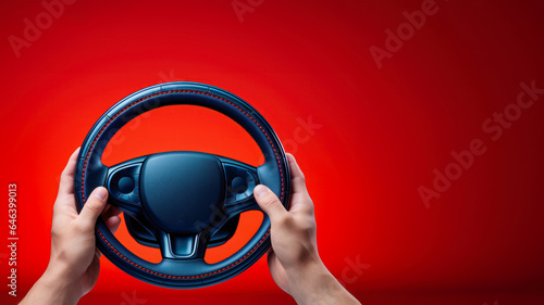 Hand holding black car steering wheel on red background, minimalist concept. photo