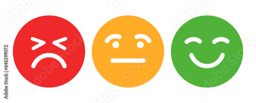 Rating scale or pain scale in the form of emoticons. From red to green smiley. Vector clipart isolated on white background.