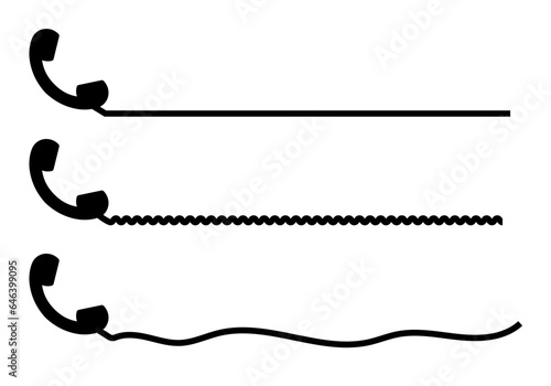 Telephone receiver with a cord. Phone handset with extension cord. Black silhouette isolated on a white background. Vector set.