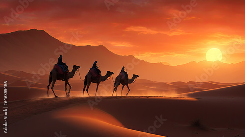 people cross the desert on camels.