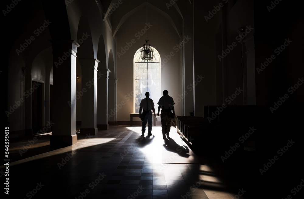 Silhouette of workers walking in the church