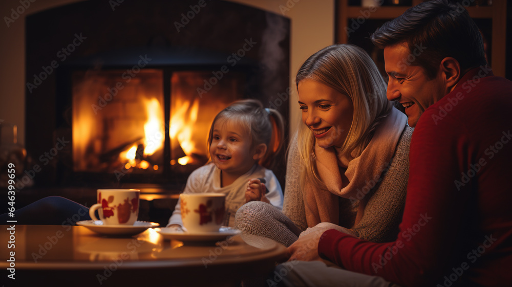 Christmas Comfort: Family Gathering by Fireplace with Tea