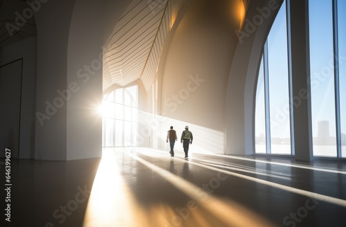 Building for Jesus. Workers walking in a modern church with sunlight effect.