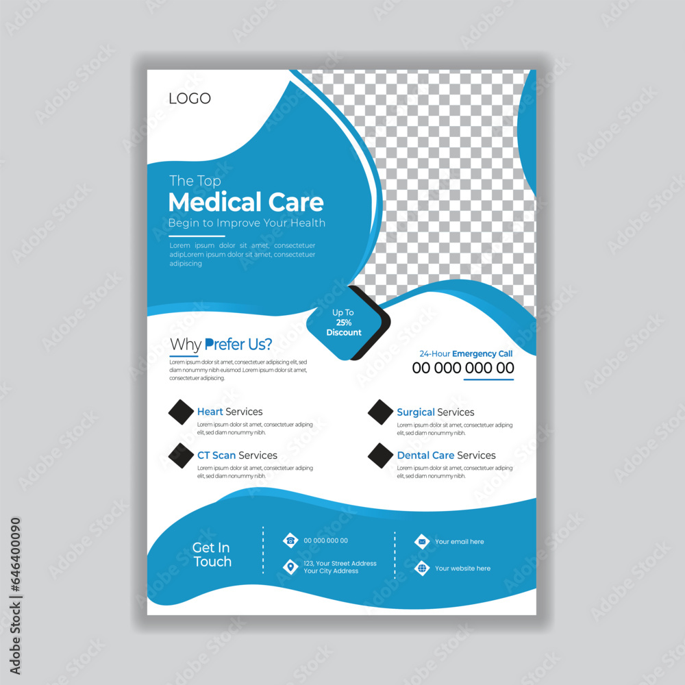 Creative medical Service healthcare flyer poster template design With Graphics Elements For Hospital and Clinic Promotional.
