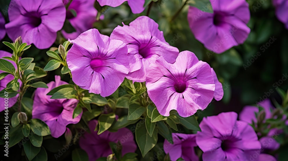 Beautiful purple mexican petunia flower in bloom against a background of green leaves Beautiful purple mexican petunia flower in bloom against a background of green leaves