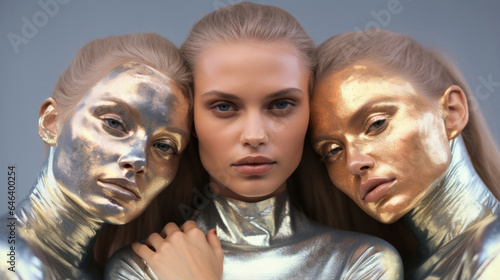 Close-up portrait of three women in metallic shiny paint