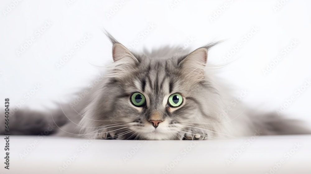 Fototapeta premium Laying on a white table is a cute large long-haired gray kitten with stunningly large green eyes.