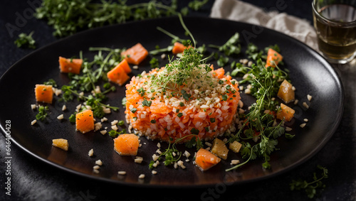 Salmon tartare on old background