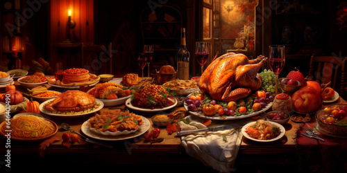 Thanksgiving dinner, feast meal on a table with many traditional food, roasted turkey, pie, pumpkin and glasses of wines