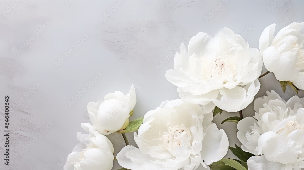 Fresh white peonies on a background of light gray table. No space for sentimental or emotionally charged text, quotes, or sayings. Closeup. Fresh white peonies on a background of light gray table. No space for sentimental or emotionally charged text, quotes, or sayings. Closeup.