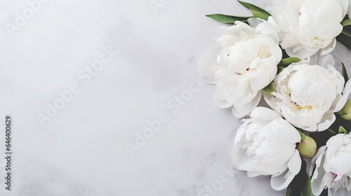 Fresh white peonies on a background of light gray table. No space for sentimental or emotionally charged text, quotes, or sayings. Closeup. photo