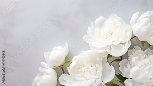 Fresh white peonies on a background of light gray table. No space for sentimental or emotionally charged text, quotes, or sayings. Closeup.