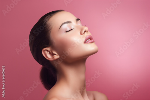 young woman with healthy skin showing skincare.close eyes，in pink background