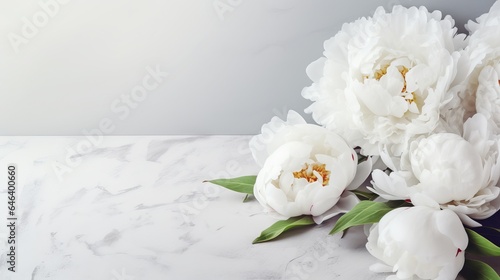 Fresh white peonies on a background of light gray table. No space for sentimental or emotionally charged text, quotes, or sayings. Closeup.
