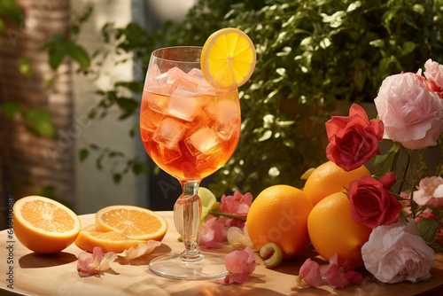 An al fresco arrangement featuring a revitalizing blend of rose wine and orange beverage. Generative AI