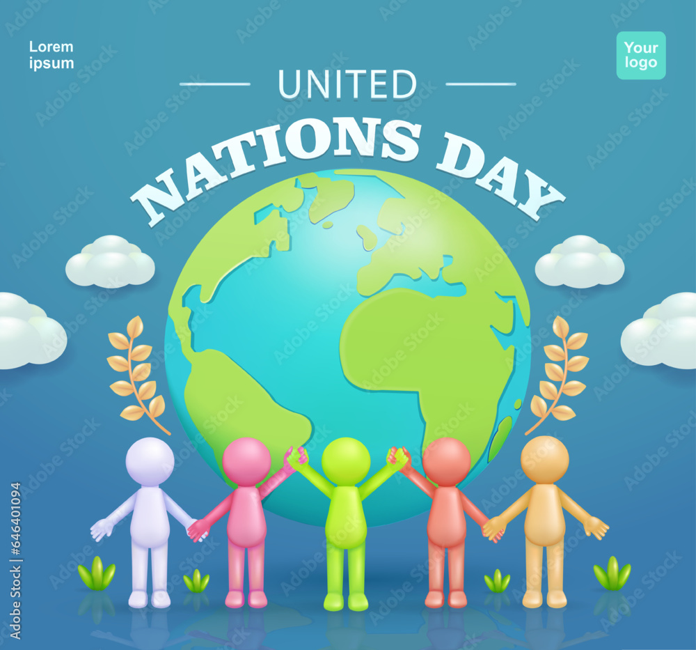 United Nations Day. Colorful stick men holding each other, with earth background, 3d vector. Suitable for events United Nations Day. Colorful stick men holding each other, with earth background, 3d vector. Suitable for events