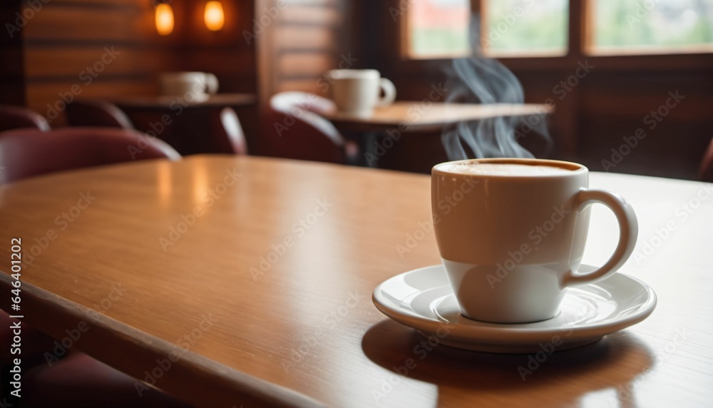 cup of hot coffee with cozy coffeehouse restaurant background, created using AI generative technology cup of hot coffee with cozy coffeehouse restaurant background, created using AI generative technology