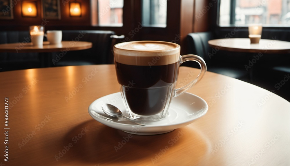 cup of hot coffee with cozy coffeehouse restaurant background, created using AI generative technology cup of hot coffee with cozy coffeehouse restaurant background, created using AI generative technology