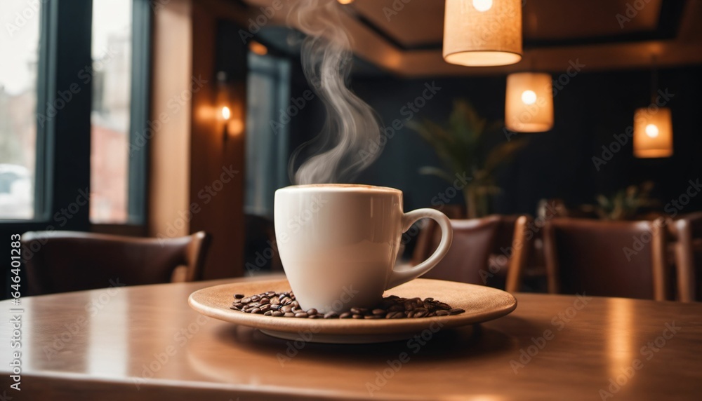 cup of hot coffee with cozy coffeehouse restaurant background, created using AI generative technology cup of hot coffee with cozy coffeehouse restaurant background, created using AI generative technology