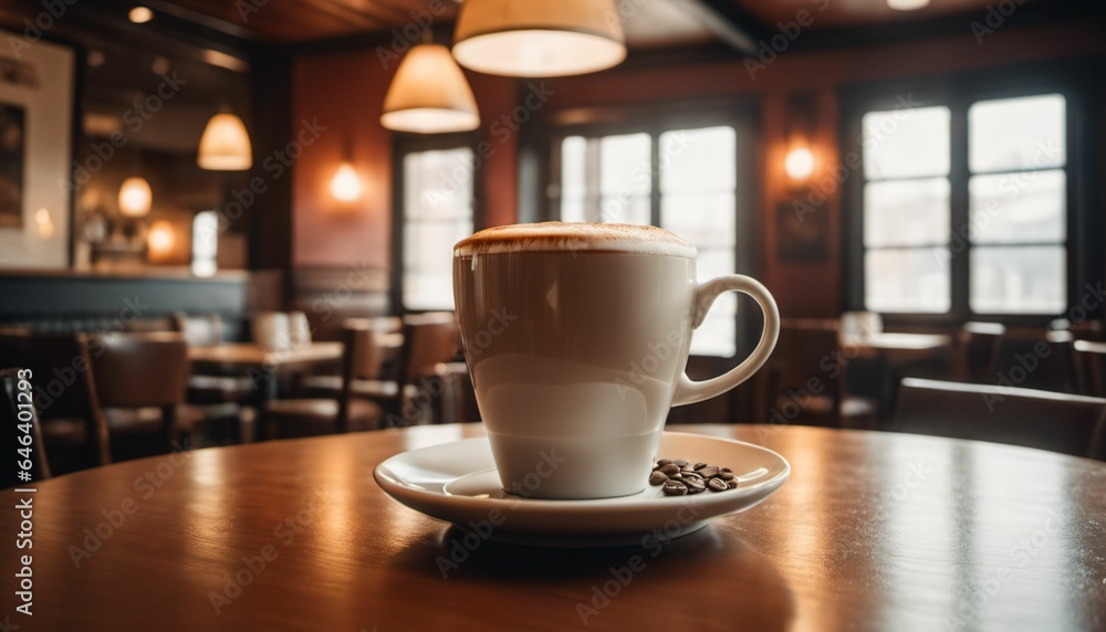cup of hot coffee with cozy coffeehouse restaurant background, created using AI generative technology cup of hot coffee with cozy coffeehouse restaurant background, created using AI generative technology