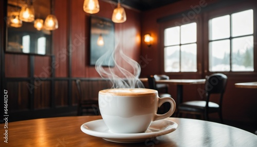 cup of hot coffee with cozy coffeehouse restaurant background  created using AI generative technology