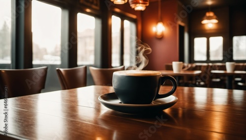 cup of hot coffee with cozy coffeehouse restaurant background, created using AI generative technology © Kuba