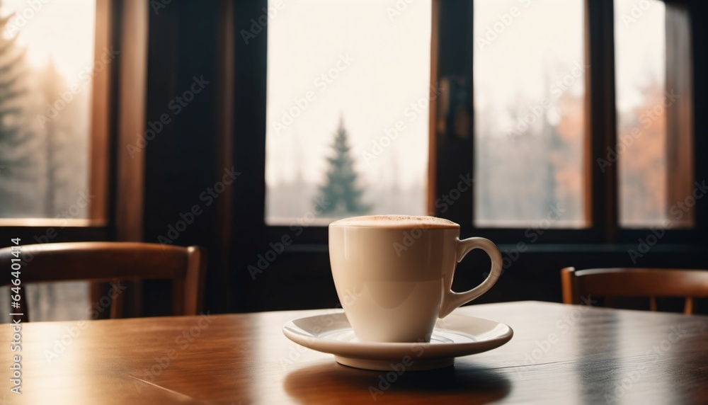 cup of hot coffee with cozy coffeehouse restaurant background, created using AI generative technology cup of hot coffee with cozy coffeehouse restaurant background, created using AI generative technology
