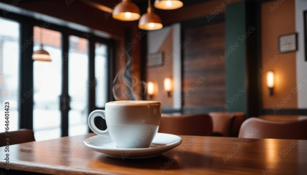 cup of hot coffee with cozy coffeehouse restaurant background, created using AI generative technology cup of hot coffee with cozy coffeehouse restaurant background, created using AI generative technology