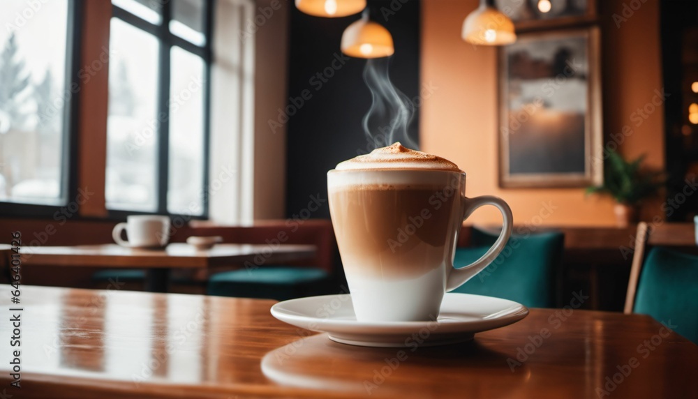 cup of hot coffee with cozy coffeehouse restaurant background, created using AI generative technology cup of hot coffee with cozy coffeehouse restaurant background, created using AI generative technology